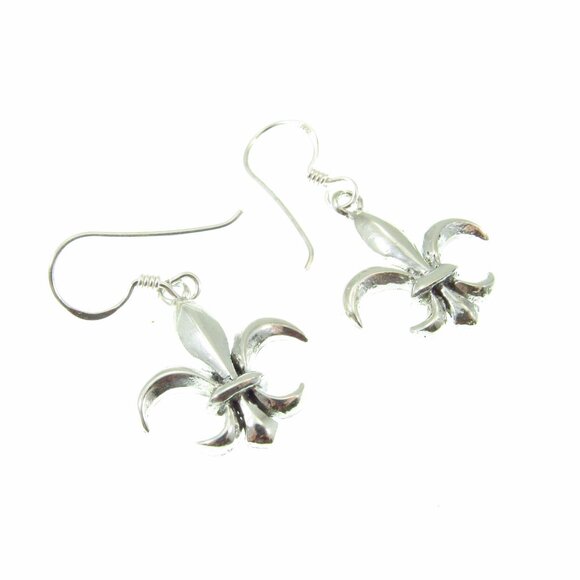 Solid 925 Sterling Silver Fleur-De-Lis Drop Dangle Hook Earrings - French Symbol - Picture 6 of 9
